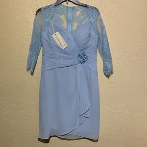 Cocktail Party Dress 6 Baby Blue Lace Sleeves Blue Back Zipper Faux Wrap Pleats